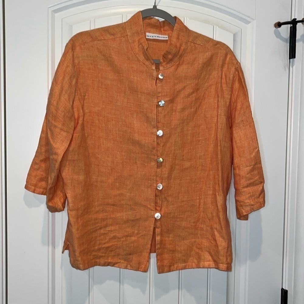 Bryn Walker orange linen 3/4 sleeve button front top jacket shirt boho artsy M/L